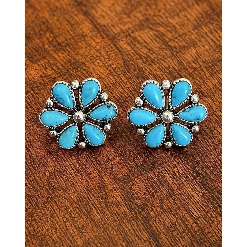 Turquoise Blue Flower Cluster Work Stud Earrings